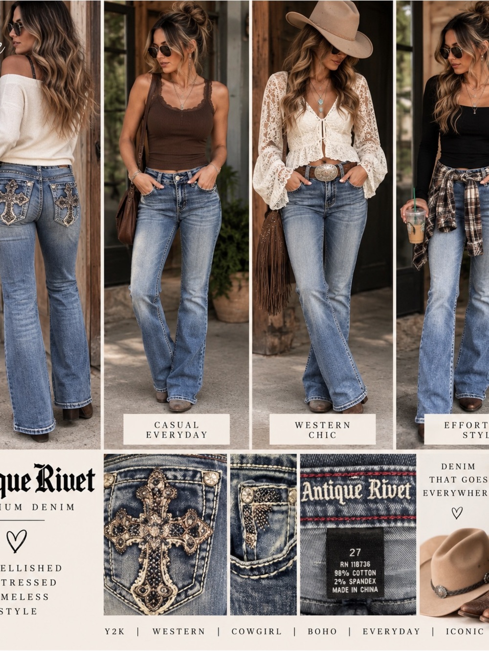 Antique Rivet Size 27 Bootcut Jeans Embellished Cross Rhinestone Y2K Western